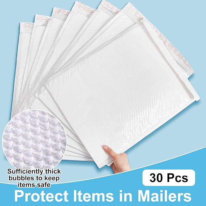 30 Pcs Bubble Poly Mailers Padded Envelopes,White,12 X 16 Inches | Large Mailing Bags for Small Business, Self Seal Waterproof Shipping Envelopes, Resealable Cushioned Poly Mailers Bulk