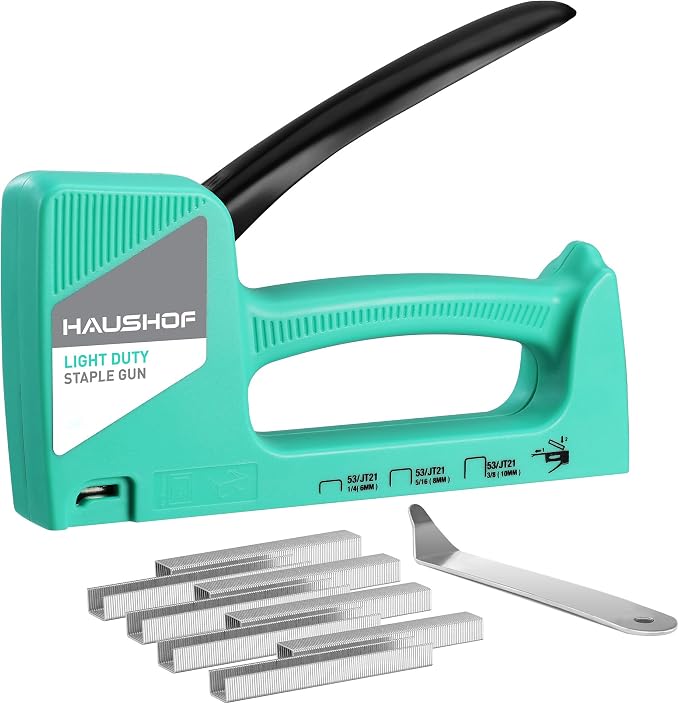 HAUSHOF Light Duty Staple Gun, Upholstery Staple Gun with 800PCS JT21 Staples and Stapler Remover, Fits JT21 Staple of 1/4'', 5/16'' & 3/8'', Used for Wood, Classroom, Crafts, DIY, Decoration (Green) | Upholstery Staple Gun Fits JT21 Staple of 1/4'', 5...