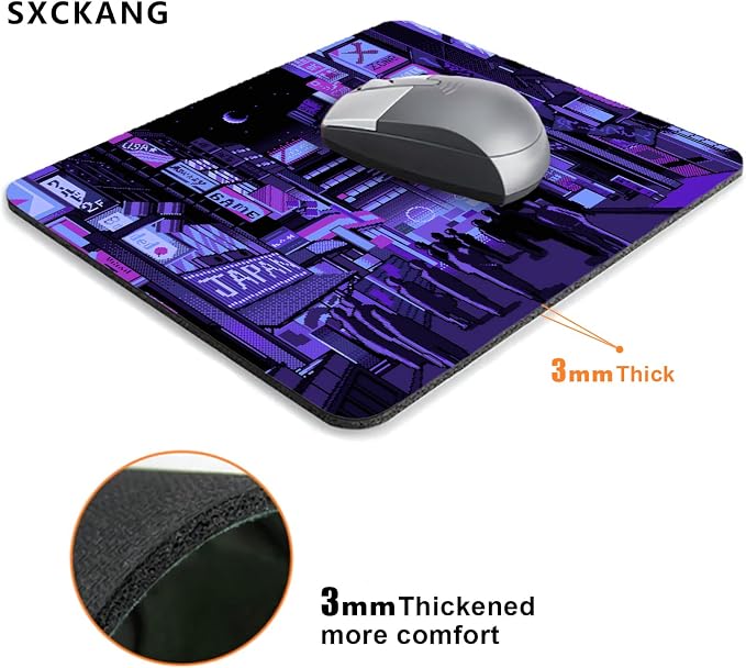 Purple Anime Mouse Pad, Retro Vaporwave Mousepad, Square Premium Texture Japanese Cute Mice Pad Design for Office Work Home, Small Mouse Mat for Computer Laptop, Neon Tokyo Street Pixel Art