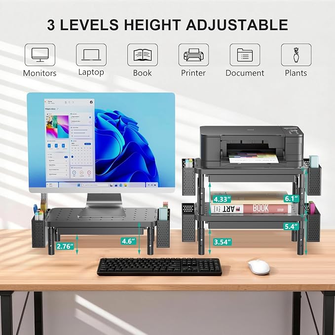 WALI Computer Monitor Stand with Storage and Pen Holder | 3 Height Adjustable Desk Organizer with Drawer, Laptop Monitor Riser for Computer, Laptop, Printer(PTT003-B), 1 Pack, Black