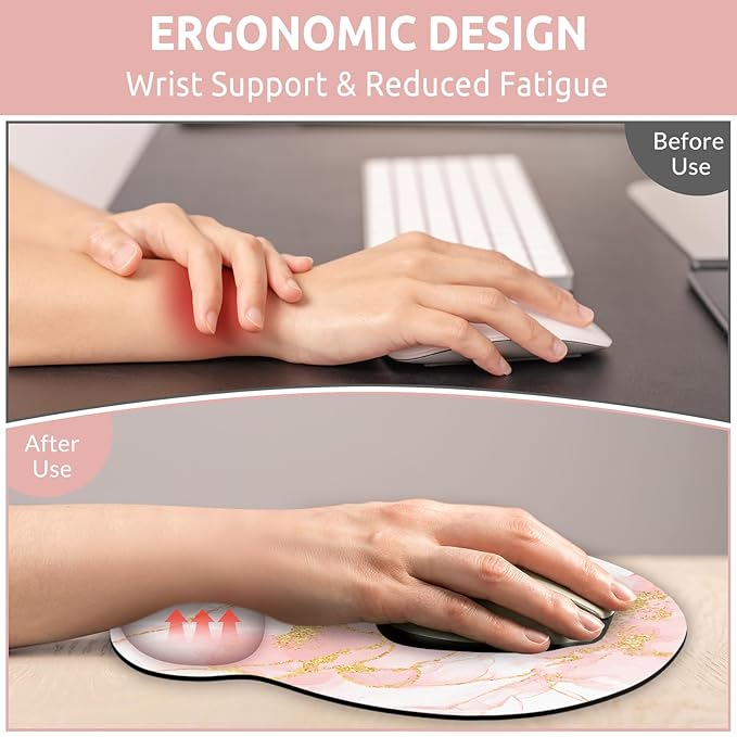 Ergonomic Mouse Pad with Wrist Rest, Small Mousepad with Non-Slip Rubber Base and Smooth Surface, Pink Mouse Pads for Desk, Office Desk Accessories