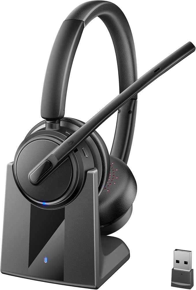 Mopchnic Wireless Headset with Noise Cancelling Microphone, On-Ear Bluetooth Headset with USB Dongle, Mute Function & Charging Base, Wireless Headphones for Work from Home and Call Center (Black)