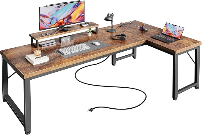 53" L Shaped Computer Desk, Outlets, Monitor Stand, Rustic Brown | USB-C Ports, Reversible Charging Station, Spacious Desktop & Legroom, 0.94 Inch Thick Desktop, for Gaming, Study & Work