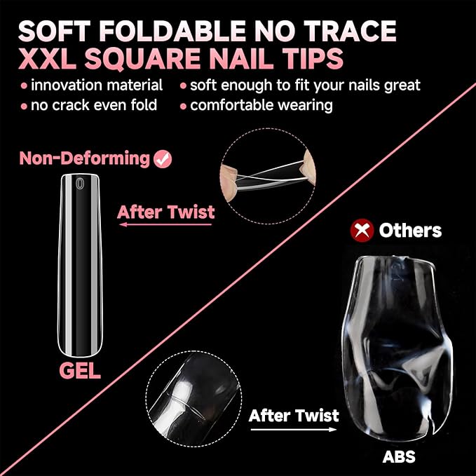 UNA GELLA Nail Tips Square Fake Gel Nails Tips 120 PCS No C Curve XXL Extra Long Full Cover Square Straight Curved Tapered Acrylic Nails for Press on Nail Extensions Salon Home DIY with Box