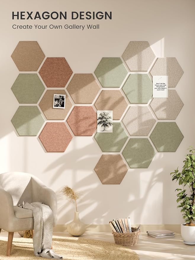 Fluxynara Extra Large 12-Pack Felt Bulletin Board Tiles, Boho | Cork Board Alternative with 90 Adhesive Tabs for Notes, Photos and Reminders in Home Offices, Dorm and Classrooms