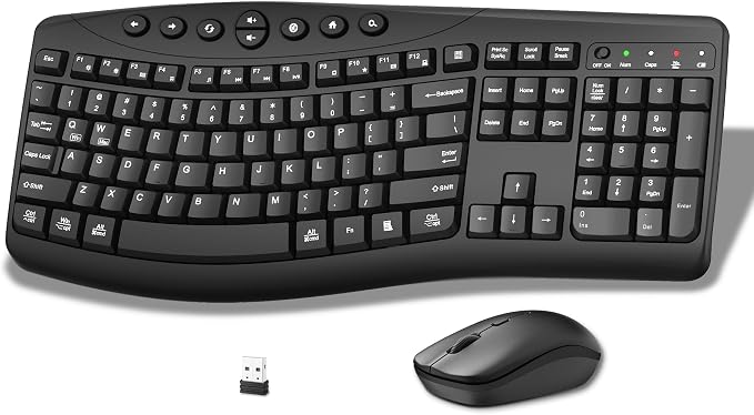 Wireless Keyboard and Mouse Combo, 2.4G Quiet Ergonomic Curved Keys (Black)