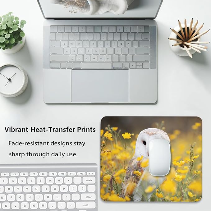 White Barn Owl Spring Yellow Wildflowers Mouse Pad, Cute Durable Desk Mat | Meadow Soft Floral Wildlife, Mousepad Stitched, Anti-Slip Base Smooth Surface, 9.5 x 7.9 Inches