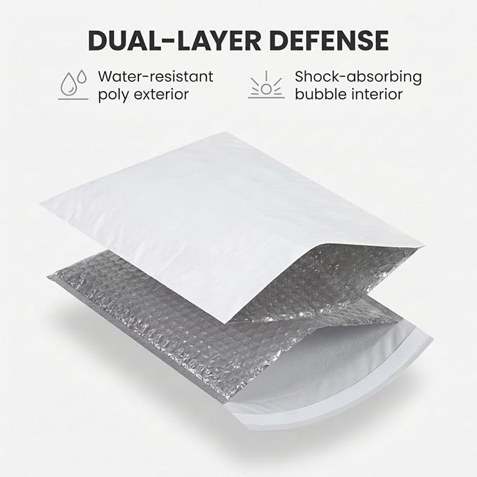 BOX USA White Poly Bag Mailer Bubble Lined, 8.5"L x 12"W, Pack of 25 | Self-Sealing Durable Plastic Envelope for Secure Shipping, Packaging, & Storage, Ideal for Personal & Small Businesses, 8.5x12