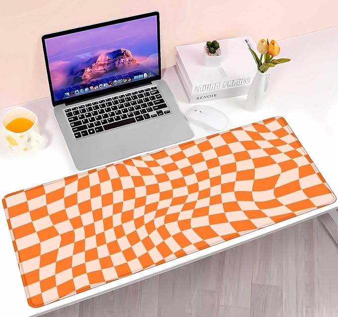 Orange Checkered Desk Pad, Boho Pattern Extra Large Mouse Pad, Desk Protector Pad, Writing Mat for Work Home Decor, Non-Slip Rubber Gaming Mouse Pads for Computer Laptop, 31.5 X 11.8 in
