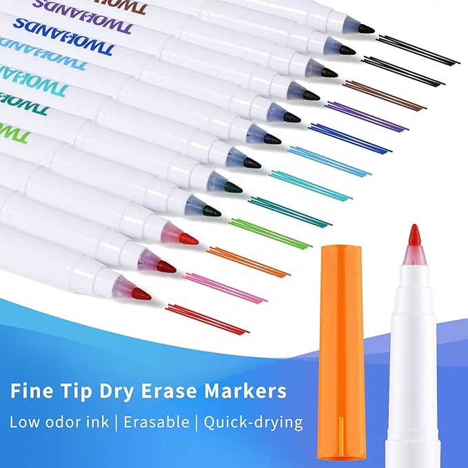 TWOHANDS Dry Erase Markers Fine Tip,Ultra fine Extra Fine Point 0.7mm,Low Odor,11 Assorted Colors,Whiteboard Markers for Office,Home,or Planning Whiteboard,12 Count,20581