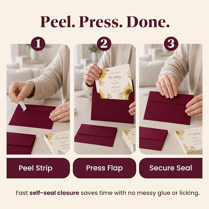 110 5x7 Burgundy Invitation Envelopes - for 5x7 Cards - A7 - (5 ¼ x 7 ¼ inches) - Perfect for Weddings, Graduation, Baby Shower - 120 GSM - Peel, Press & Self Seal - Square Flap