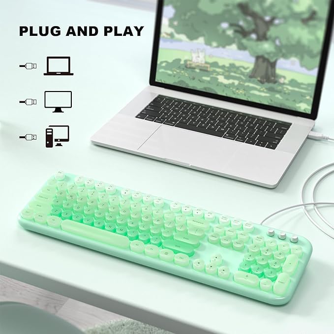 Computer Keyboard Wired, Plug and Play USB Retro Round Typewriter Keyboard, Full Size Wired Keyboard with Foldable Stands for Laptop and Office PC