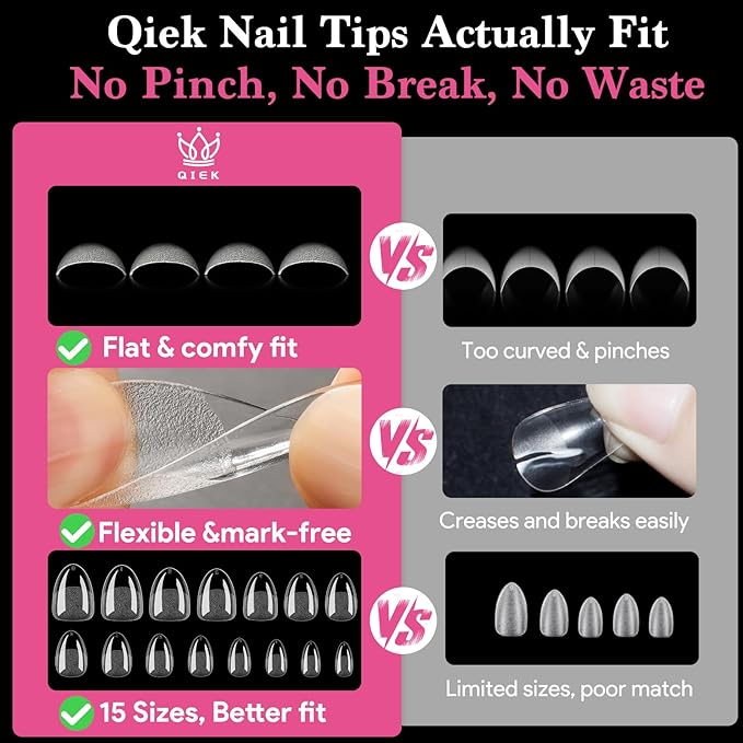 Extra Short Almond False Nail Tips, 15 Sizes 510 PCS Clear Soft Press On Fake Nail Pre-shaped Half Matte Full Cover Gel Nail Tips Extensions Thick Long Lasting for DIY Beginners & Salon Manicure