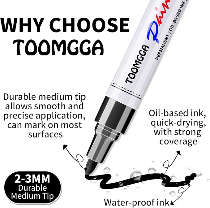 TOOMGGA 2 Black Paint Pens Permanent Paint Markers, Oil Based Medium Tip | Marking Pens, Quick Drying, Waterproof, Fade-resistant, for Rock Painting, Car Tyre, Metal, Plastic, Canvas, Mugs, Wood