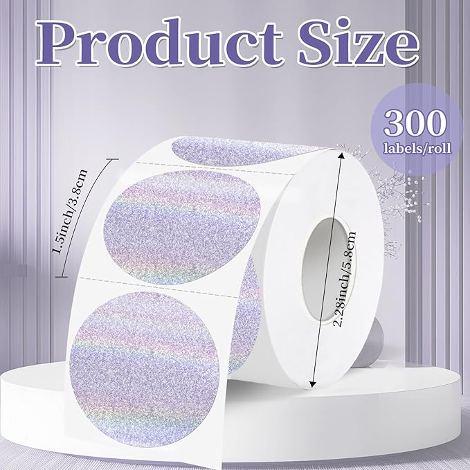 1.5 Inch Thermal Labels,Holographic Circle Direct Thermal Stickers,for Address Design DIY Logo Business(300 pcs/Purple dots)