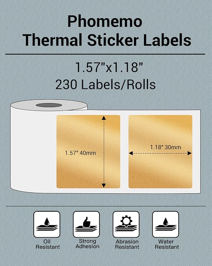 Phomemo Labels, 1.97"x 1.18", for M110/M100/M220/M108, Golden, 230 PCS | 40×30mm Waterproof Thermal Stickers Labels, 1 Roll, Use for Barcode, Logo,Peptide Vial, Business, Home,Organization, Office