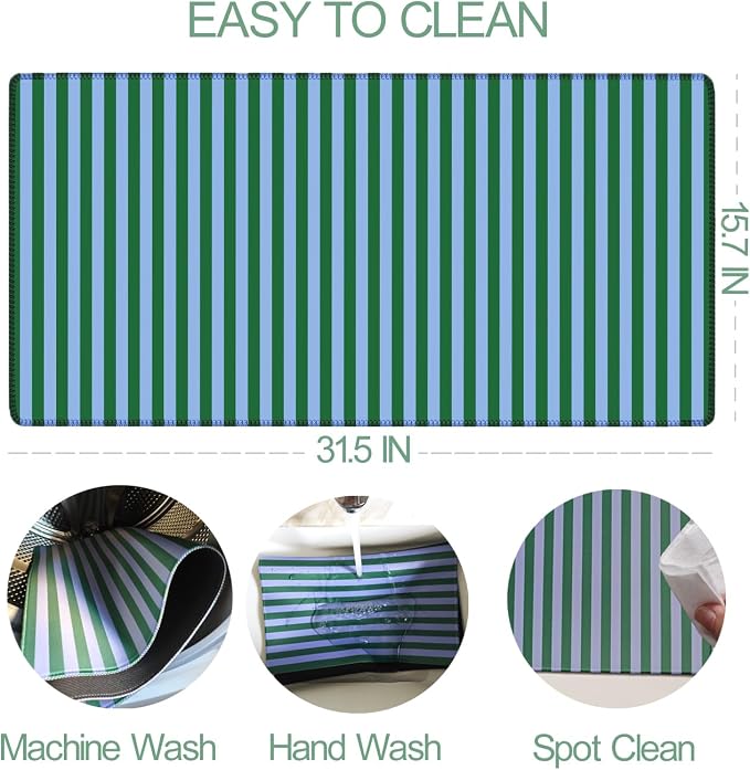 Green Teal Striped Desk Mat Cute Pastel XXL Large Gaming Mouse Pad Desk Pad Kawaii Aesthetic Home Office Decor Cozy Keyboard Laptop Computer Mat