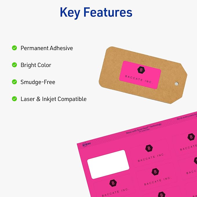 Avery Printable Address Labels with Sure Feed, 1" x 2-5/8", Assorted Neon Colors (Magenta, Green and Yellow), Laser & Inkjet Compatible, 450 Blank Labels Total (5979)