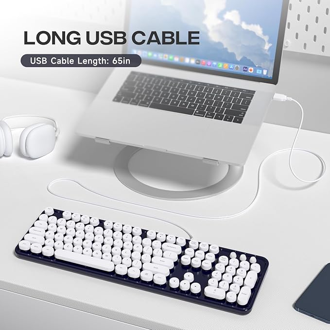 Computer Keyboard Wired, Plug and Play USB Retro Round Typewriter Keyboard, Full Size Wired Keyboard with Foldable Stands for Laptop and Office PC