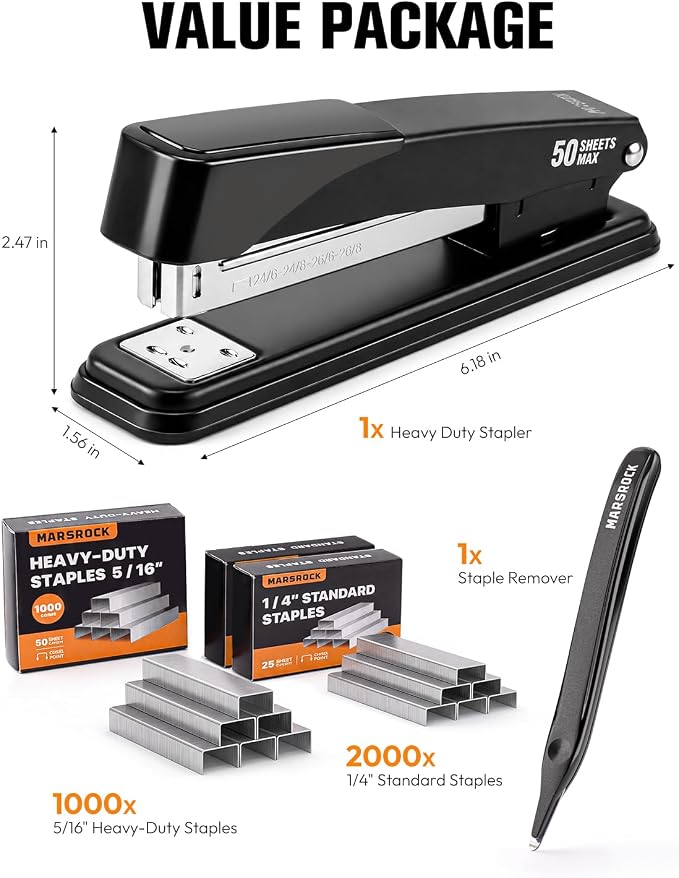 Marsrock Heavy Duty Stapler for Desk with 50 Sheet, 3000 Staples, Black | Office Stapler, Classroom Stapler, Teacher Stapler, Full Strip Desktop Stapler, Easy to Load & Magnetic Staple Remover