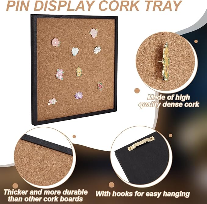 BENECREAT Pin Board Square Cork Board with Black Frame, 11.8x11.8inch Wall Mounted Cork Board for Brooch Pin Storage, Office Home Festival Wedding Decor, 0.7inch Thick