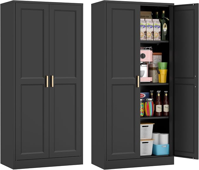 60" Tall Kitchen Pantry Cabinet, Metal Storage Cabinet with Doors | Kitchen Cabinet with 4 Adjustable Shelves, Tall Food Pantry Cabinet, Black Cupboard for Kitchen, Dining Room, Garage & Office