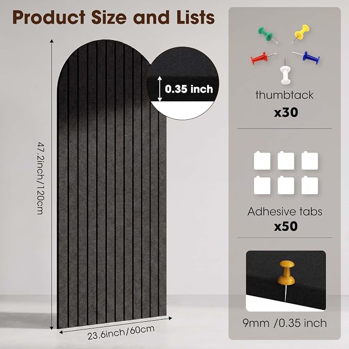 Arched Felt Bulletin Board 47" x 24", High Density Cork Board Alternative for Office & Wall Decor, DIY Corkboards for Wall with 30 Push Pins & 50 Adhesive Tabs, Picture-Board for Home (Black)