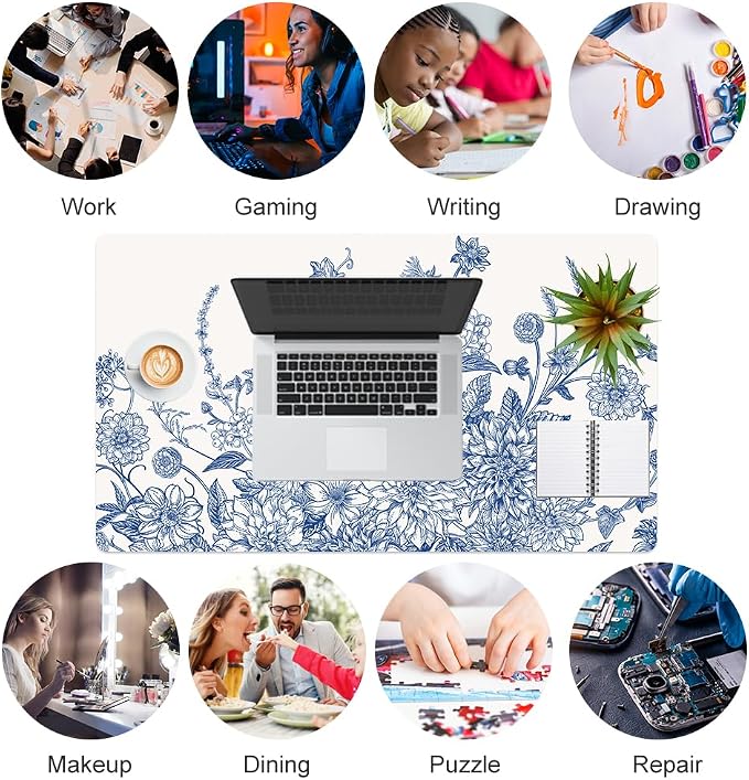 Faux Leather Large Mouse Pad, Office Desk Mat, 23.6"x13.8", Blue Flowers | Desk Décor Accessories, Extended Size, Waterproof & Easy to Clean, Smooth Surface, Non Slip Desk Organization
