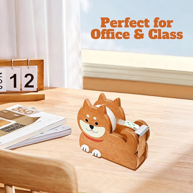 Wooden Tape Dispenser Desk - Cute Adorable Animal Design for Desk Organizing, 2-Pack Set Office & School Supplies (Black and Brown) (Dog)