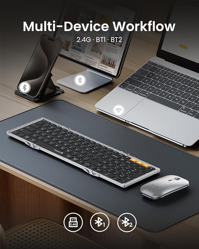 ProtoArc XKM01 Full-Size Foldable Keyboard Mouse for Travel - Black Silver | 105-key keyboard, slim mouse, hard case and phone stand; 3-device Bluetooth & 2.4G switching, for travel office use