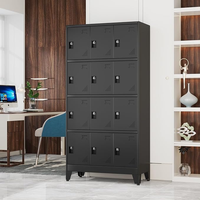 Metal Lockers for Employees-12 Doors Storage Locker with Shelves and Lockable Steel Cabinet for School,Gym,Office,Staff,Assembly Required,Black