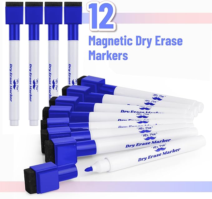 Mr. Pen- Magnetic Dry Erase Markers Bulk, 12 Pack, Fine Tip, Blue with Eraser Cap