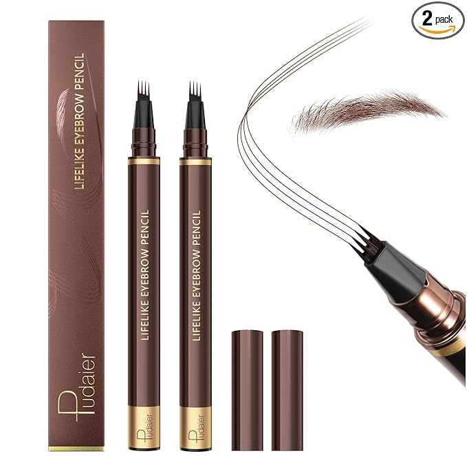 2 Pack Eyebrow Pen, Waterproof Microblading Eyebrow Pencil, 4 Tip Precise Eye Brow Makeup Pen for Women to Effortlessly Create Hair Like Natural Brows, Non Dry Out and Last All Day (Dark Brown)