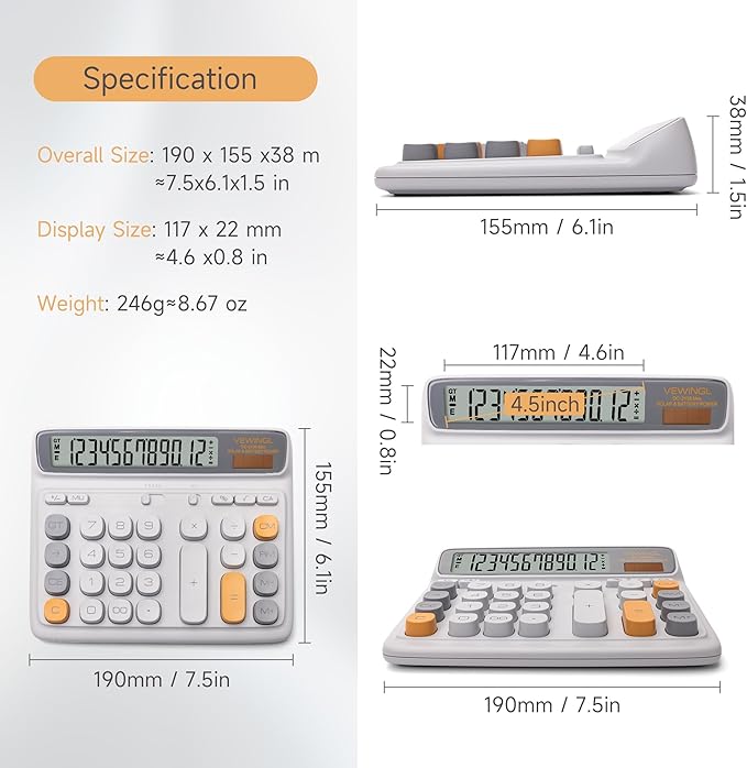 VEWINGL Desktop Calculator with Large LCD Display, 12-Digit Dual Power Solar & Battery Office Calculator with Big Buttons for Business, Accounting & Home Use (Gray, L)