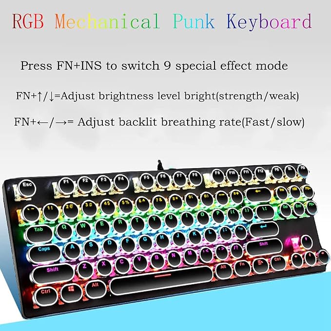 Mechanical Gaming Keyboard,87 Key Retro Punk Typewriter-Style,Blue Switch Rainbow Backlit Keyboard,Anti-Ghosting, USB Wired, for PC Laptop Desktop Computer, for Game and Office (Black)
