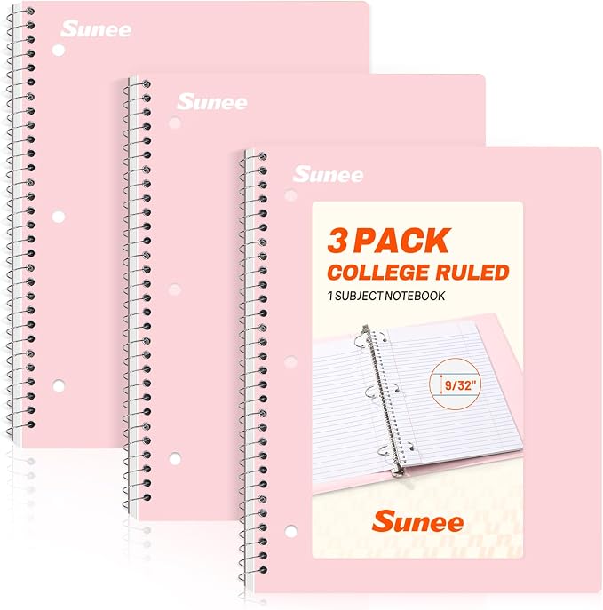 SUNEE Spiral Notebooks, 3 Pack, 1-Subject, College Ruled Paper, 8" x 10-1/2", 70 Sheets per Notebook, Pink