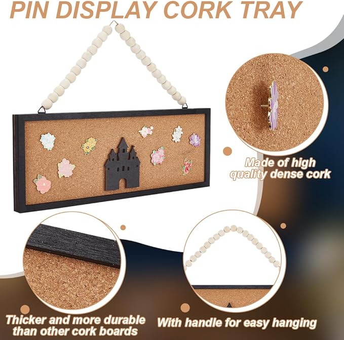 BENECREAT Rectangle Castle Pin Board Cork Board, 5.5x15inch Bulletin Display Board Wall Mounted Cork Board with Black Frame and White Beads for Brooch Pin Storage Display