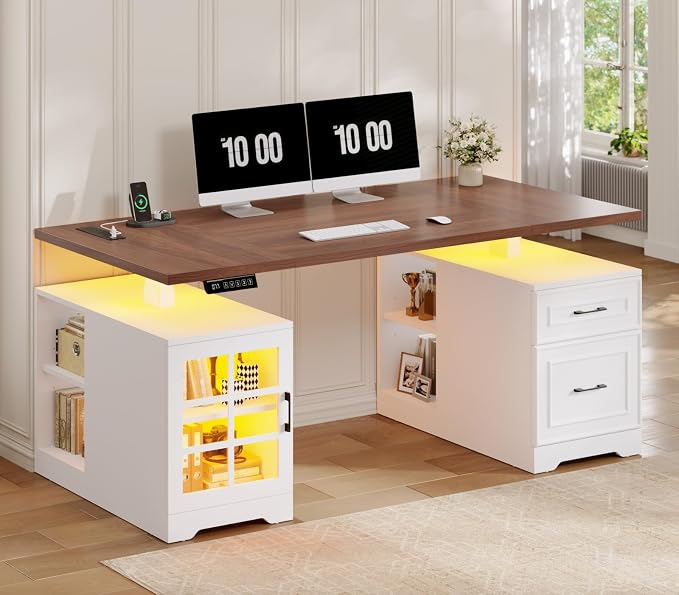 63" Farmhouse Electric Standing Desk with Drawers, Storage Shelves | Executive Height Adjustable Computer Desk with Glass Cabinet,Power Outlet,LED Light, Sit Stand up Desks for Home Office White