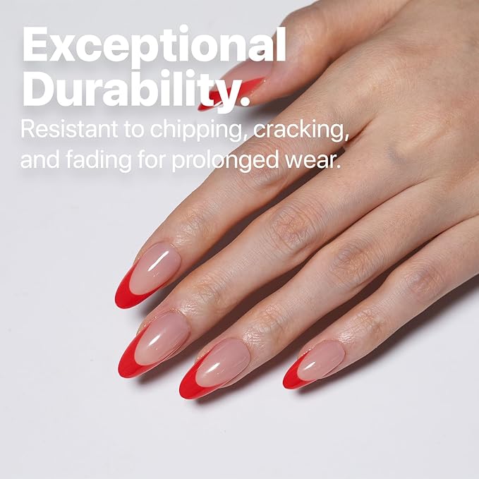 SXC Cosmetics French Tip Press On Nails 150 Pieces in 15 Sizes Ultra Fit with Pre-applied Tip Primer and Base Coat, No Need to File Fake Nails for Nail Art DIY X-Pro Tips (5RED115-M Almond)