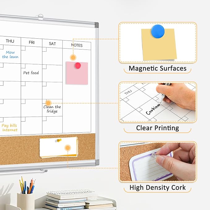 Monthly Dry Erase Calendar Whiteboard with Corkboard, 30" x 20", Silver | Magnetic, White Board Cork Board Combo, Double Sided, Wall Mounted, Aluminum Frame, for Home, Office, Kitchen, Dorm