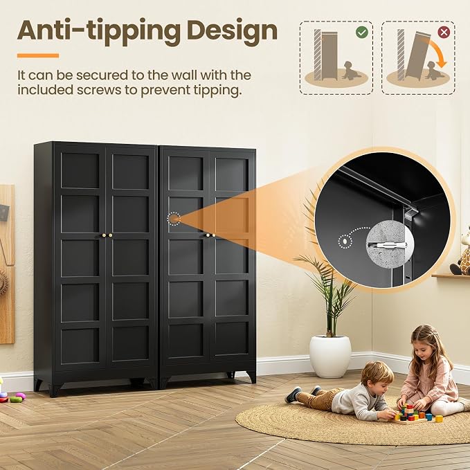 Metal Pantry Cabinet,- 72" Black Kitchen Pantry Storage Cabinet with Doos and Adjustable Shelves for Kitchen, Living Room,Dining Room,Home