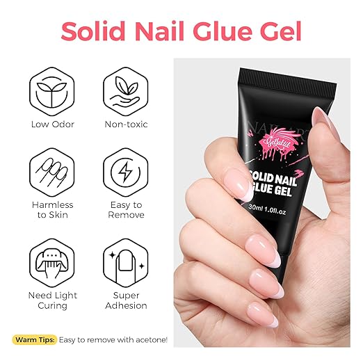 Solid Glue Gel for False Nail Tips, 30ml Gel Glue for Fake Nails Press On Nails, Nail Lamp Curing Needed, 30+Days Long Lasting
