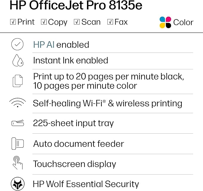 HP OfficeJet Pro 8135e Wireless All-in-One Color Inkjet Printer, Print, scan, Copy, fax, ADF, Duplex Printing Best-for-Home Office, 3 Month Instant Ink Trial Included, AI-Enabled (40Q35A)
