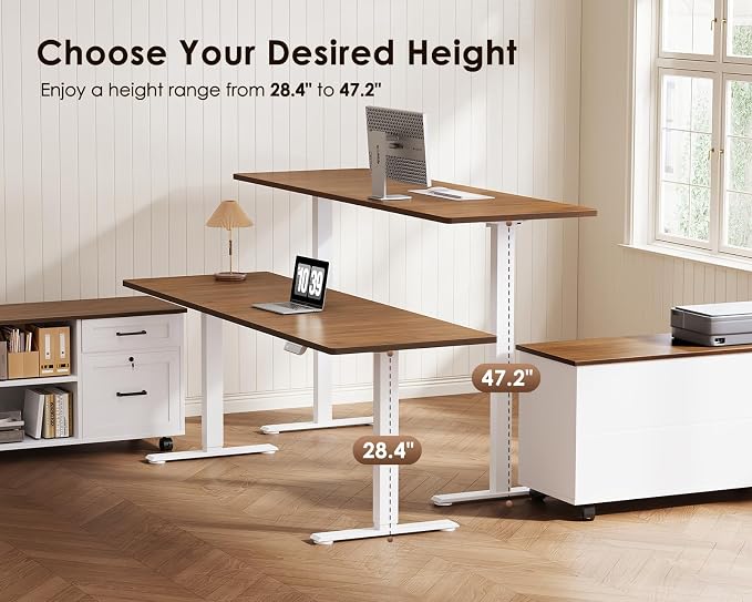 63" L Shaped Electric Standing Desk with Cabinet Sets, Walnut/White | Mobile Drawers & File Cabinet Sets for Flexible Layout, Height Adjustable Executive Stand Up Desk for Home Office Workstation