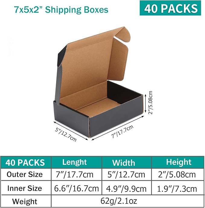 Hoikwo 40 Pack Black 7x5x2 Shipping Boxes | for Small Business, Black Packaging Cardboard Boxes, Moving Mailing Packing Box