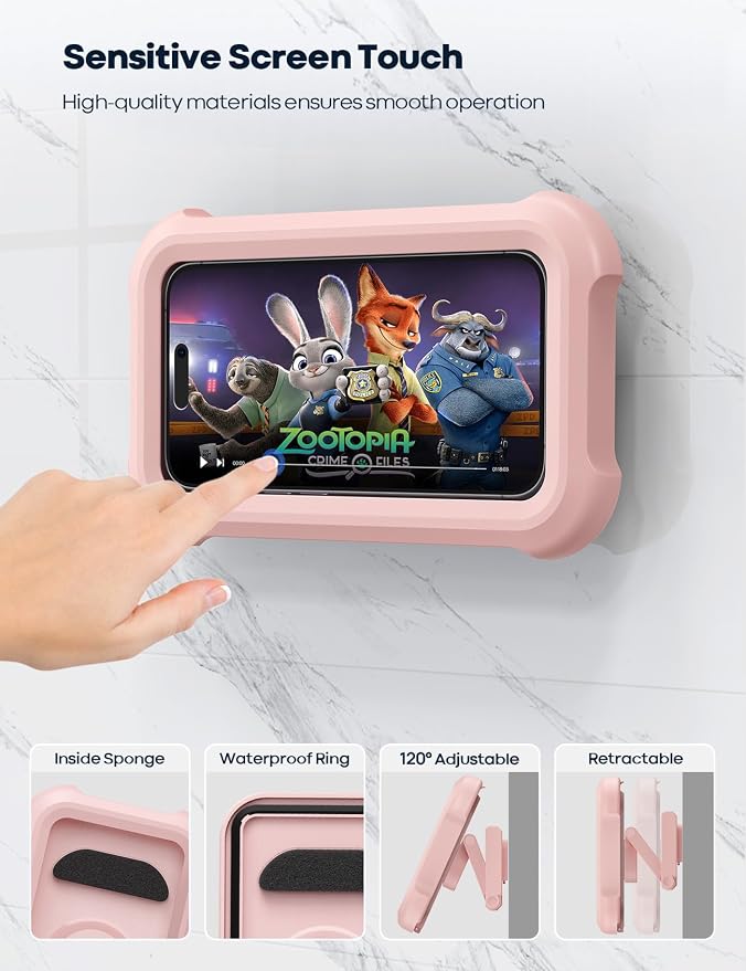 Lamicall Pink Waterproof Shower Phone Case Holder, 2-in-1 Wall Mount Stand | Women Girls Gift Gadget, Bathroom Wall Mount, Shower Walls & Surrounds Accessories for School Dorm College, for 4-7" Phones