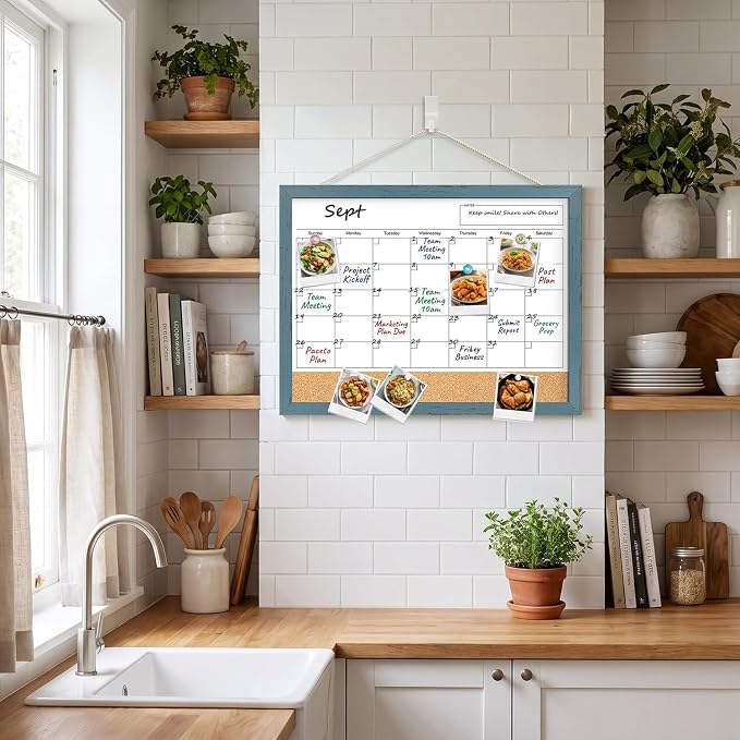 Whiteboard Calendar, 24x18 Hanging Dry Erase Calendar for Wall | Magnetic, With Cork Board, Hangable, Wooden Frame, Ideal for Dorm Room, Office, Kitchen, Bedroom, Home, School, Classroom