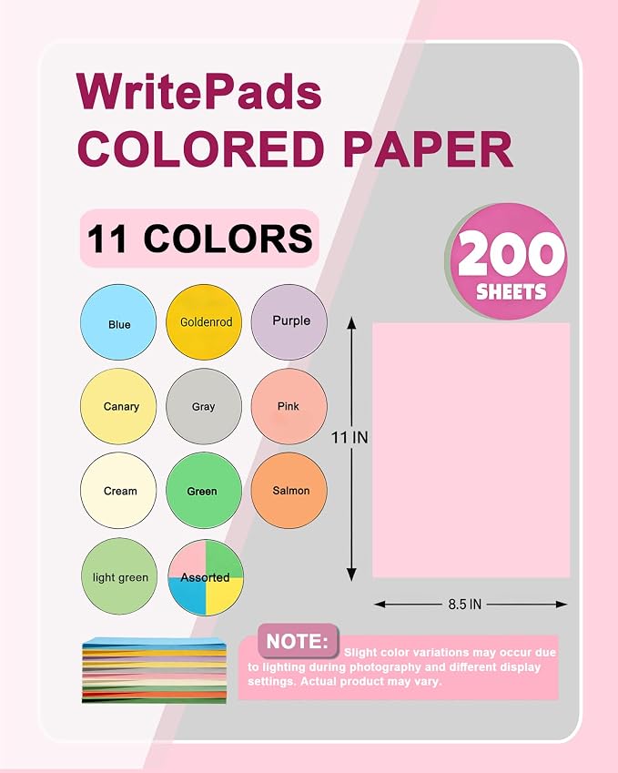 WritePads Veritas Colored Copy Paper, Pink Colored Printer Paper 8.5” x 11”, 20 lb / 75 GSM, 200 Sheets (1 Reams) Computer Paper, Multi-Purpose paper, Made in USA