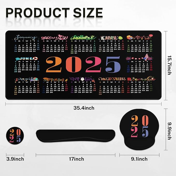 Arttown Keyboard Mouse Pad Set, 4 in 1 Desk Mat Set Calendar 2025 | Black Month Day Large Mousepad+Keyboard Wrist Rest+Mouse Wrist Rest+Coaster Ergonomic Design for Home Office Computer