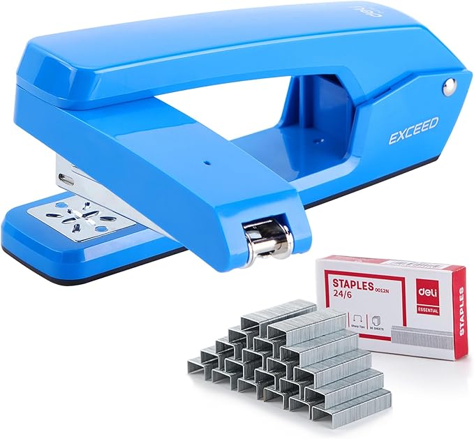 Deli/EZWORK Swing-Arm Swivel Stapler, 25 Sheets Capacity, 360 Degree Rotate Desk Staplers with 1000 Staples for Booklet or Book Binding, Blue